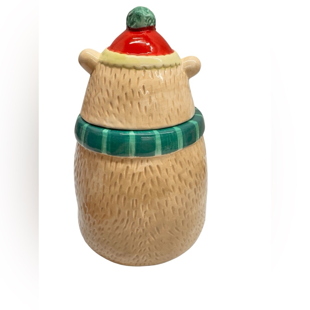 Festive Bear Ceramic Treat Jar with Green Scarf and Red Hat - Picture 2 of 6